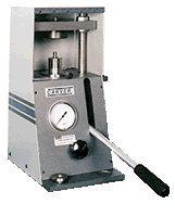 Pellet press from Carver features safety shield, oversized pressure gauge and evacuation port.